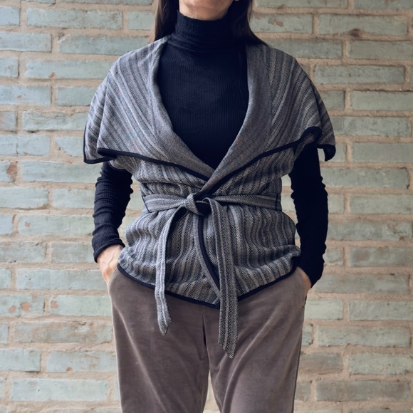Dana Buchman Jacket Grey Herringbone Y2K Capelet Wide Collar Belt Tie Cardigan - Picture 2 of 14